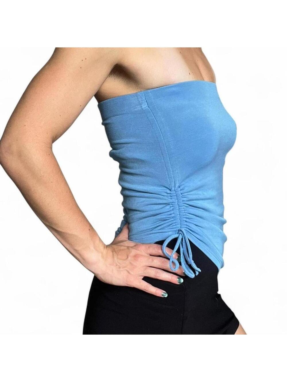 OAK Refined Strapless Sky Blue Tube Top with Ruched Side and Tie